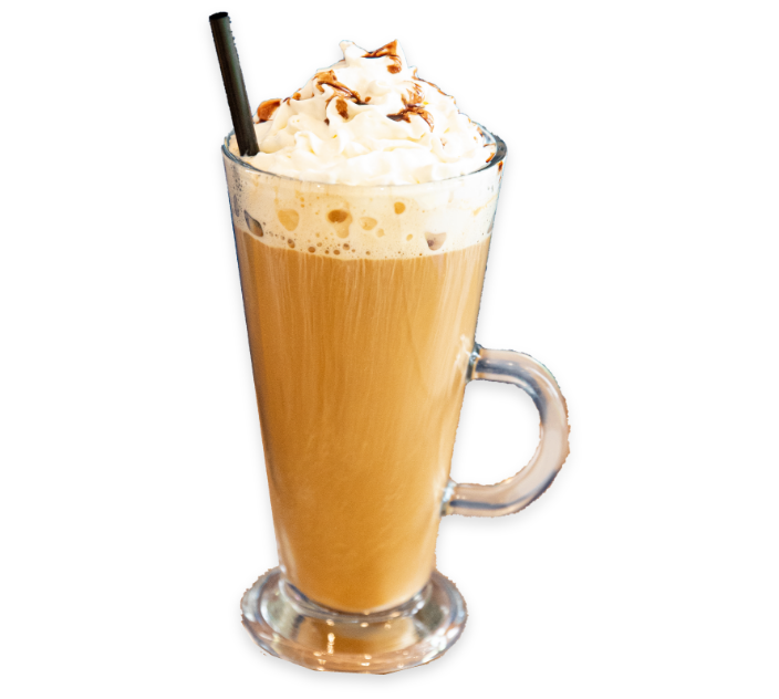 Picture of a Kentucky Coffee with whipped cream and a black straw in a tall, clear glass