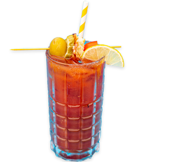 Picture of a Bloody Mary in a glass with a yellow and white straw, lemon slice, olive and pickle