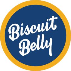 Yellow, blue and white Biscuit Belly logo in circular icon