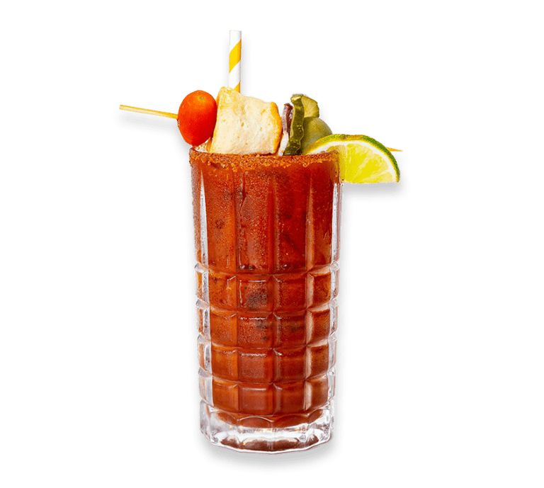 Cut out picture of a Bloody Mary with a tomato, biscuit, pickle and lime