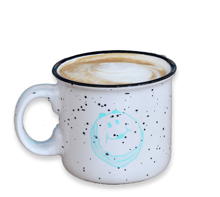 Cut out photo of a latte in a speckled Biscuit Belly mug with a blue biscuit icon