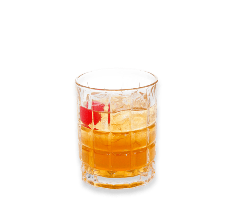 Cut out photo of a Fashioned Viejo alcoholic beverage with ice and a red cherry