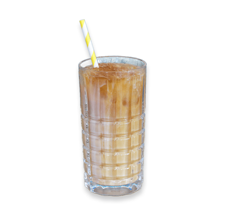 Cut out photo of a Rumchata Latte with in a tall glass with a white and yellow straw
