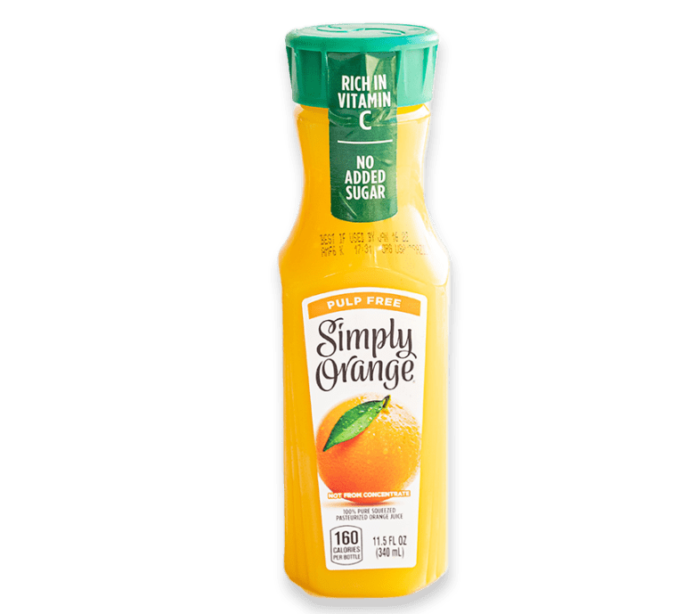 Cut out picture of a bottle of Simply Orange juice in a clear and green bottle