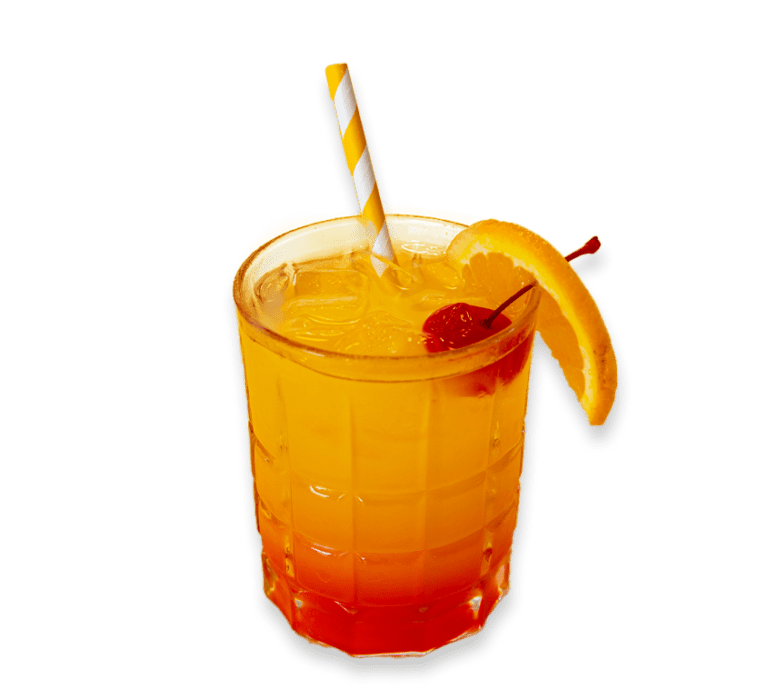 Cut out picture of a Tequila Sunrise, an alcoholic drink with layers of red and yellow topped with a cherry and orange