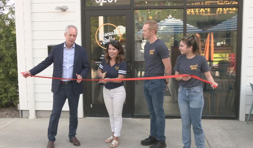 A ribbon cutting ceremony for Biscuit Belly's newest location at 5707 New Cut Road in the Colonial Gardens near Iroquois Park in Louisville, Kentucky