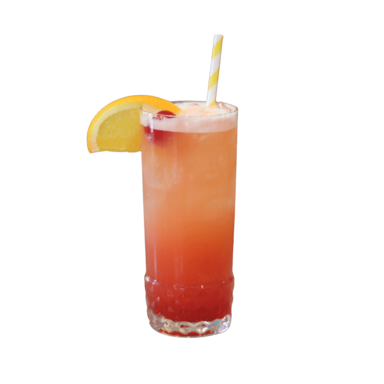 A tall glass of a tequila sunrise with a yellow striped straw, garnished with an orange slice and cherry.