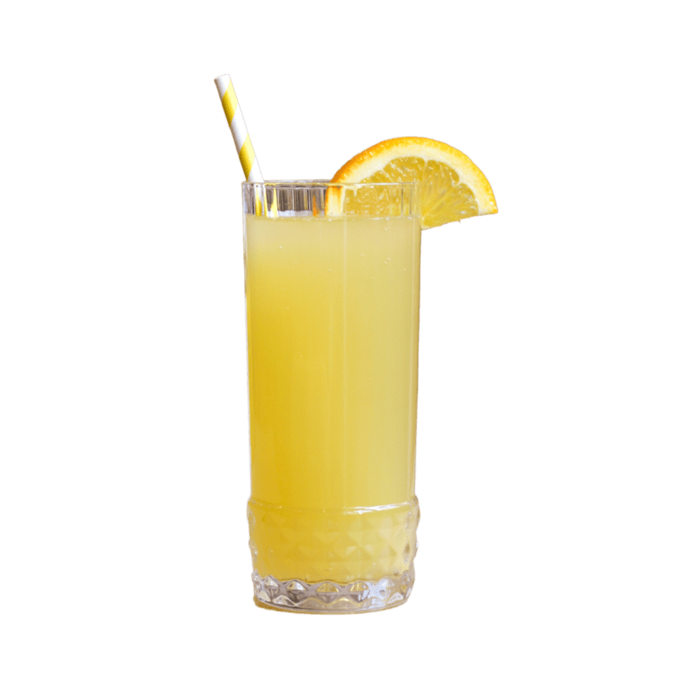 Tall glass filled with a mimosa, garnished with a slice of orange and a yellow striped straw.