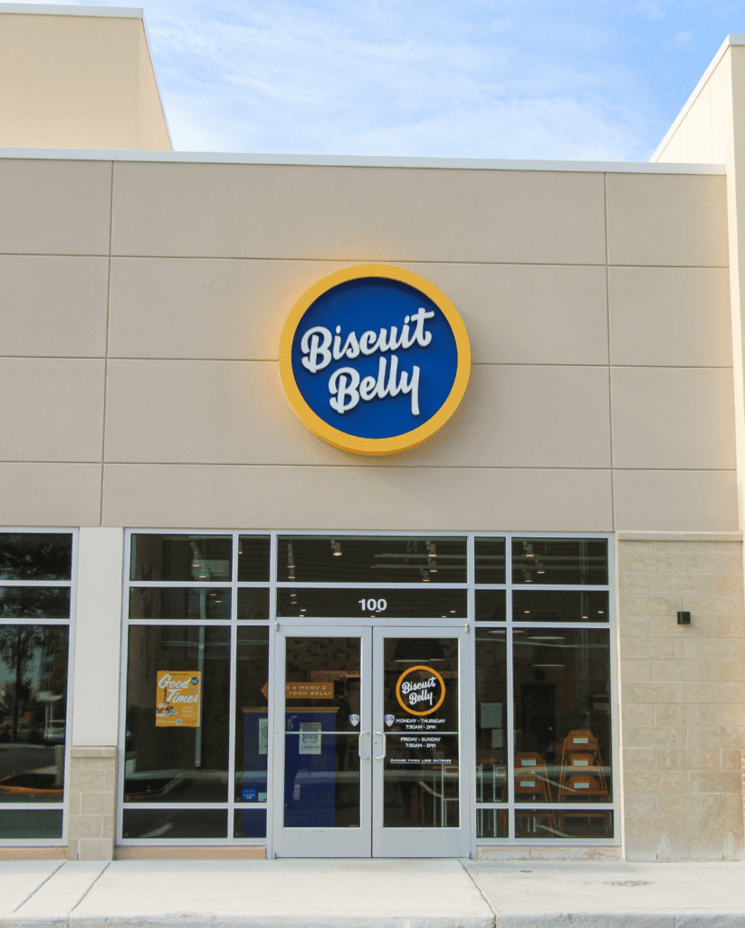 The exterior store front of Biscuit Belly Chesapeake,