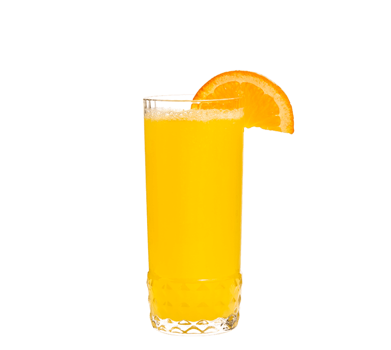 a high ball glass filled with orange juice and champagne with a half orange slice on the rim