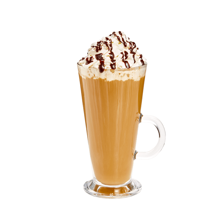 tall glass with handle filled with bourbon, bourbon cream, vanilla syrup, and coffee topped with whipped cream and chocolate drizzle