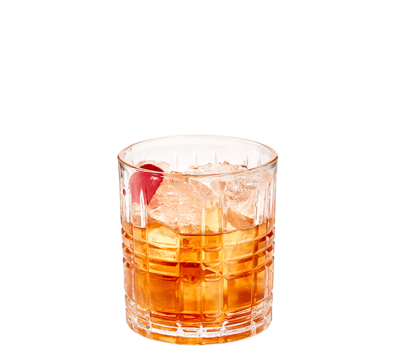 a low ball glass filled with bourbon, angostura bitters, maple syrup and a cherry topped with ice.