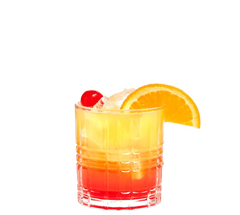 low ball glass filled with tequila orange juice, pineapple juice, champagne, and grenadine topped with ice, an orange slice, and a cherry