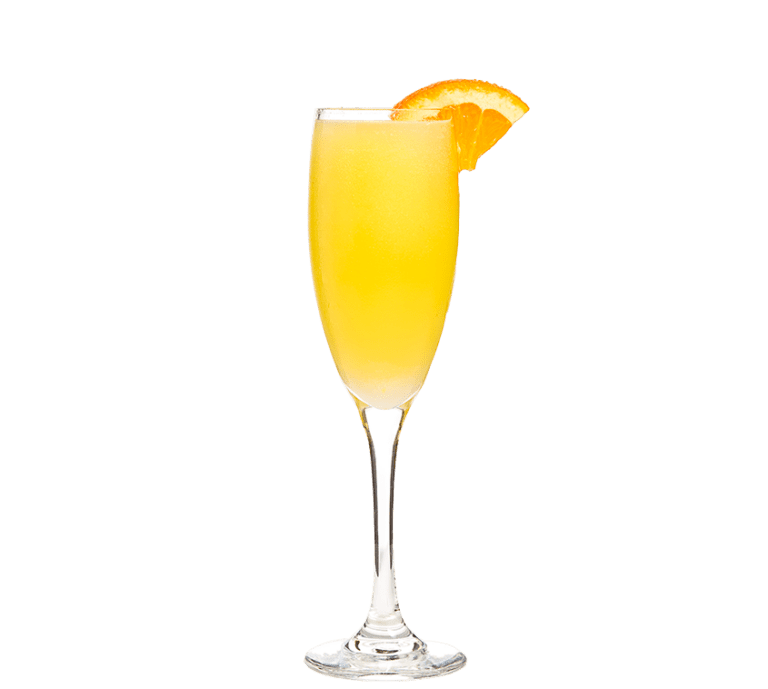 champagne flute filled with orange juice and champagne with a quarter orange slice on the rim