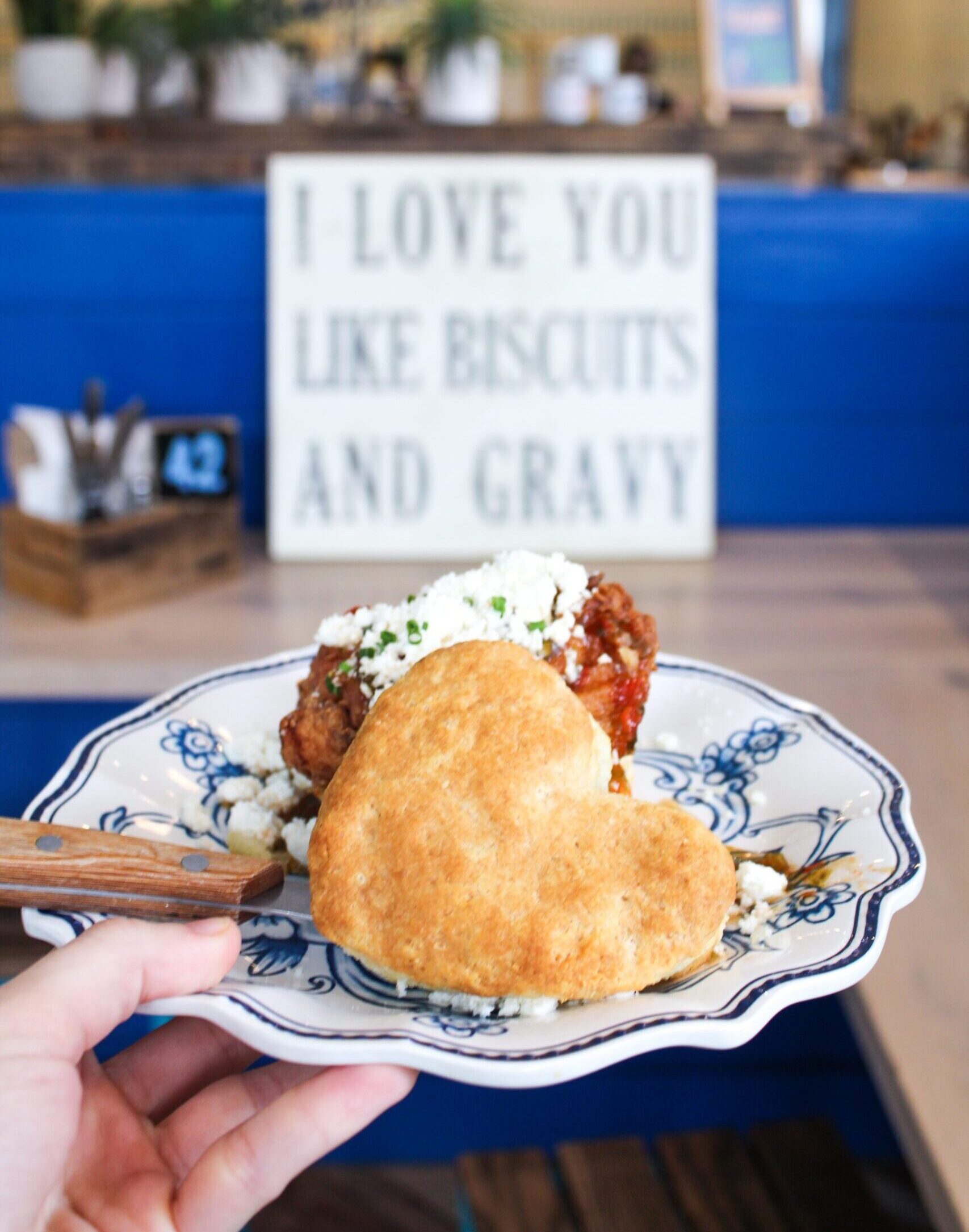 Heart Shaped Biscuits with our The G.O.A.T. Sandwich Buttermilk fried chicken breast, sweet pepper jelly, goat cheese
